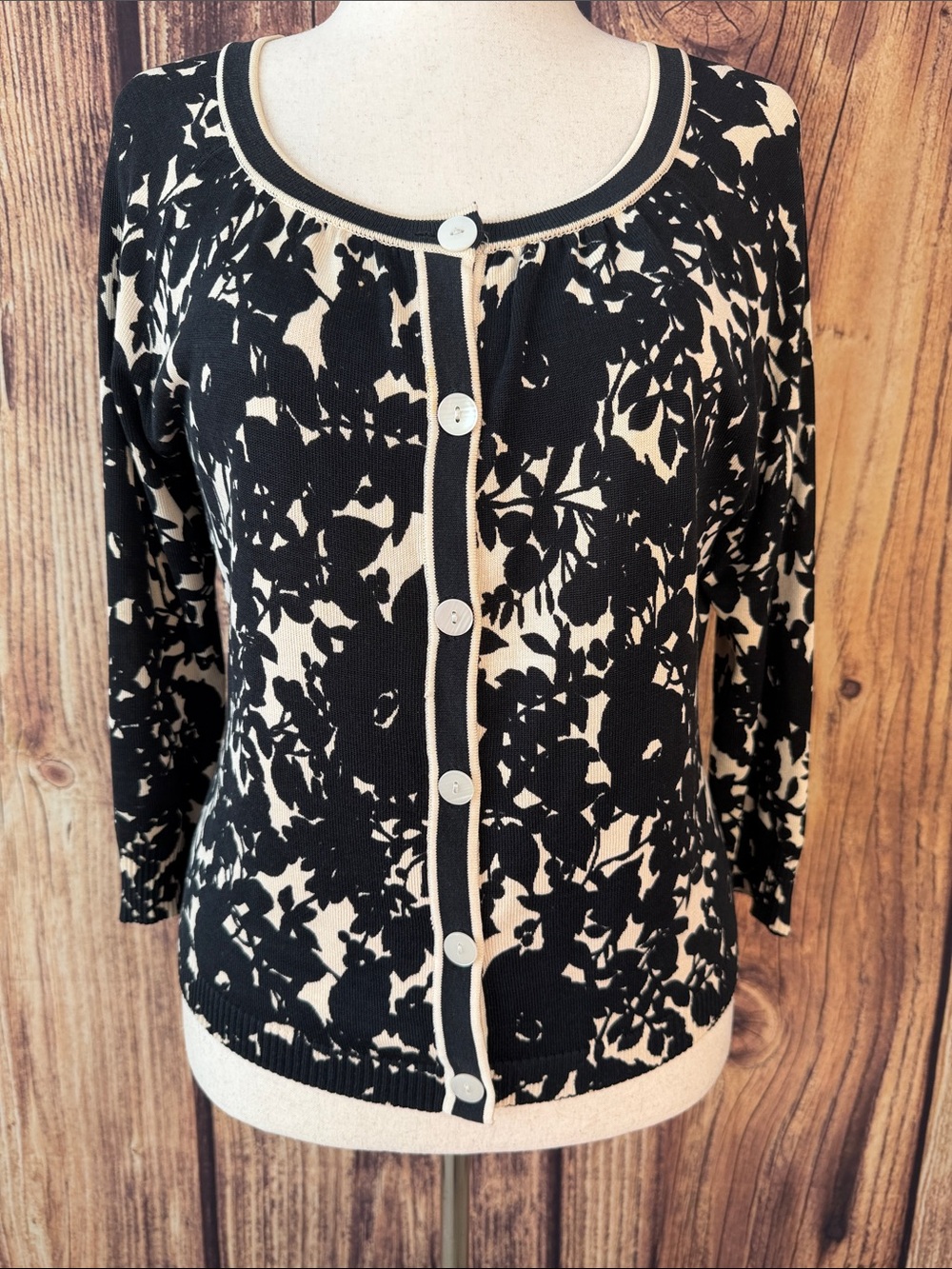 LOFT Black and Cream Floral Button-Front Cardigan